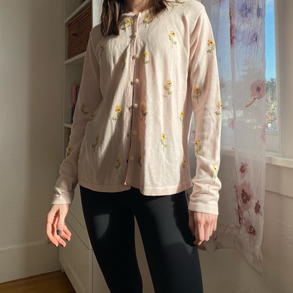 Vintage Pink Cardigan with Beaded Flower Pattern